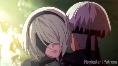 2B gives 9S a blowjob and then gets her smooth pussy creampied from the back